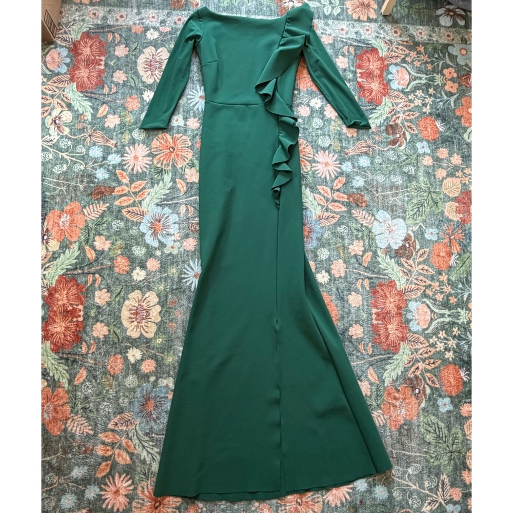 Chiara Boni La Petite Robe Green Ruffle Front Gown Italian Scuba Knit Maxi Dress